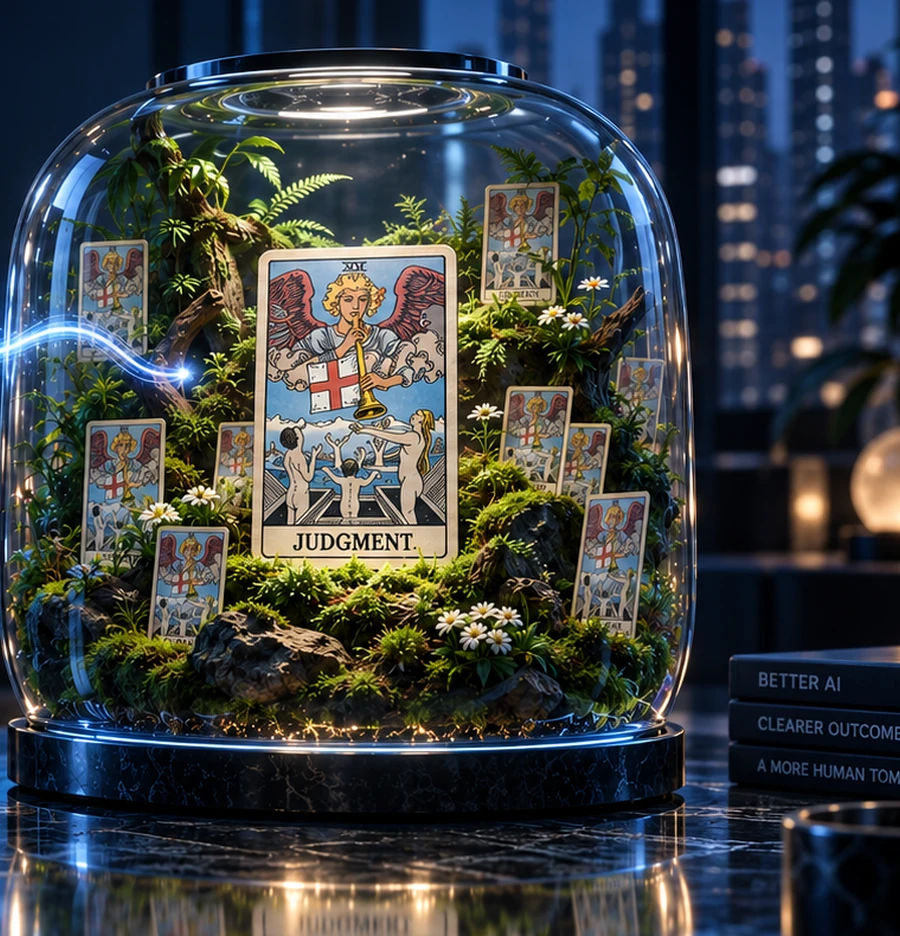 Photorealistic Judgment Terrarium preserving a living judgment outside the AI